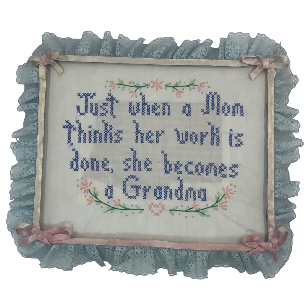 Vintage Grandma Needlepoint Cross Stitch Ruffled Lace Gold Frame Blue 10x8